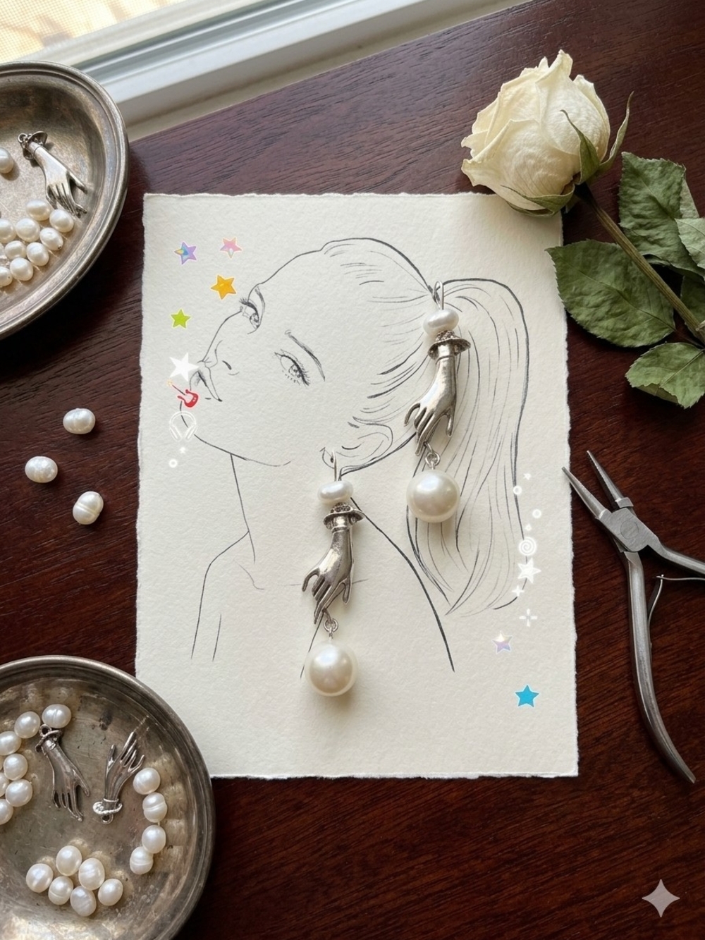 Elegant Pearl Drop Hand Charm Earrings - Silver & White